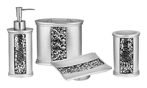 Sweet Home Collection Shower Curtain, Lotion Pump, Tumbler, Toothbrush Holder Soap Dish, Sinatra Silver, 5 Piece