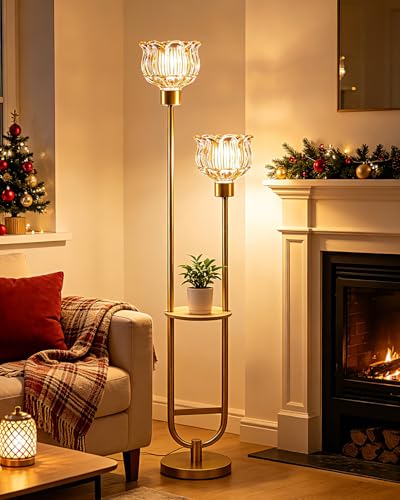 Image of Lightdot 2-Lights Modern Glass Floor Lamp with Table Gold Standing Tall Lamps with Amber Glass Shade, Flower Floor Lamp with Foot Switch for Living Room Bedroom Home Decor (Bulbs Included)