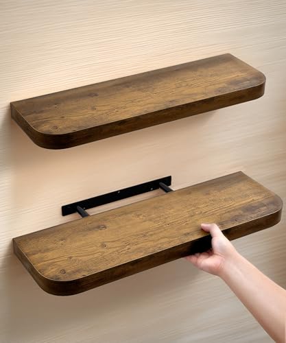 Gronda Wood Floating Shelves for Wall, 24 Inch Wall Mounted Wood Shelf Set of 2, Rustic Home Decor Storage Round Live Edge Invisible Barcket Long Shelf for Bathroom Bedroom Kitchen Office Living Room