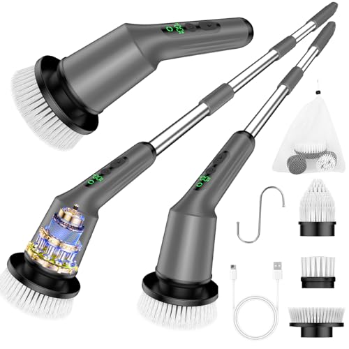 Image of Electric Spin Scrubber for Cleaning Bathroom, Shower Scrubber Cordless Cleaning Brush with IPX7 Waterproof & 2 Speed, 3 Brush Heads, Bathroom Cleaning Supplies for Shower Tub Tile Toilet Grey