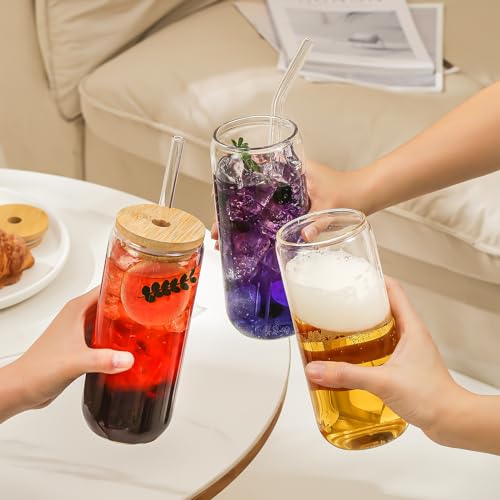 SENTVEND 20 Oz Drinking Glasses with Bamboo Lids and Glass Straw - 8 Pcs Glass Cups Beer Ice Coffee Glasses Cute Aesthetic Cup Great for Coffee Bar Accessories Include 2 Cleaning Brushes
