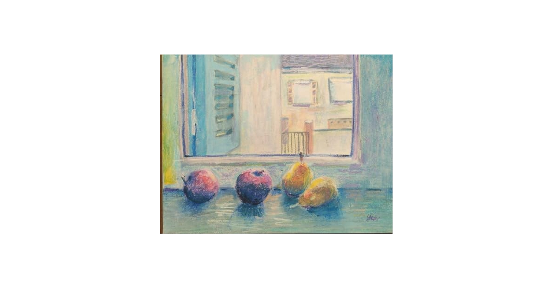 Amazon.co.jp: 真作 絵画 窓辺の果物 オイルパステル画 F6