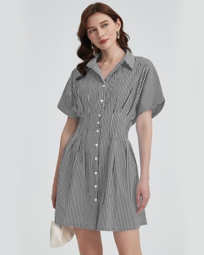 Women's Button Down Pleated Shirt Dress Short Sleeve Corset Waist Striped Summer Causal Mini Dresses3