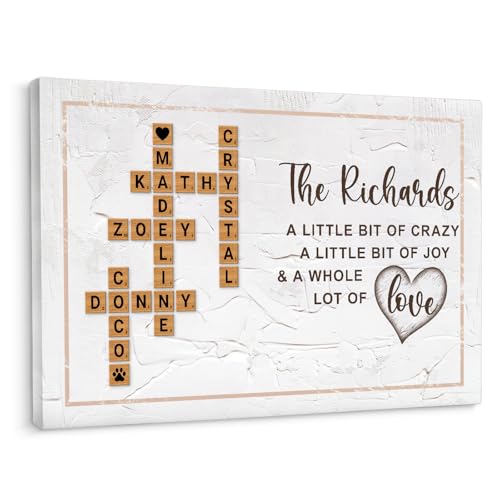 Custom Family Name Signs Canvas, Custom Family Tree Names Crossword, Personalized Sign with Kids name Gift for Grandma Grandpa Dad Mom from Grandkids (Farmhouse Background)