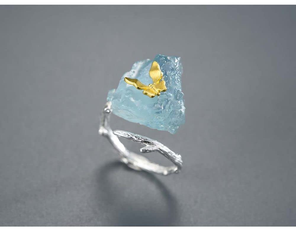 HGJH Ringe Silber, Sterling Silber Ringe Frauen 925 Aquamarin Schmetterling Golden Verstellbare Ringe Mode Elegant Temperament Verstellbare Ringe Energie Charme Schmuck Geschenke Für Männer Damen