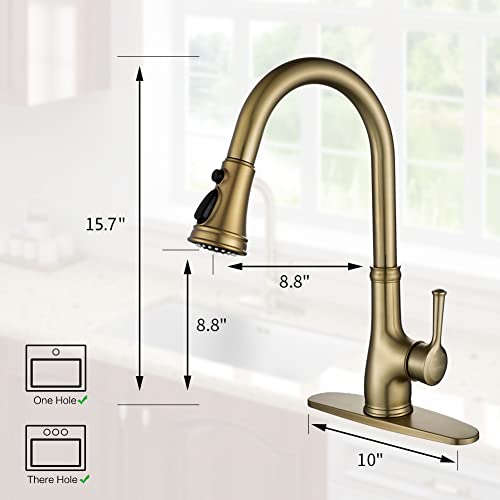 Gold Kitchen Sink Faucet With Pull Out Sprayer, Brushed Gold Copper Single Handle 1 Hole Pull Down Kitchen Faucet, Champagne Bronze,Wewe #TOP1