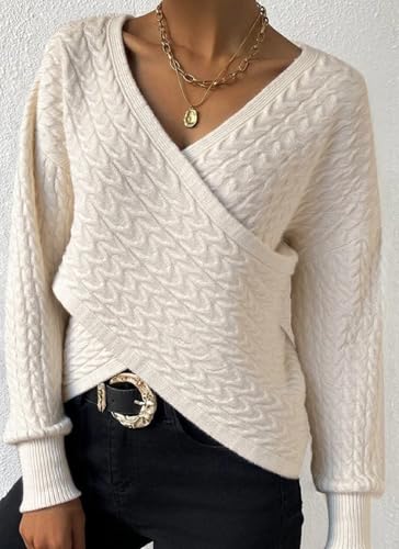 Womens Elegant Pullover Sweaters Sexy Textured Crossover V Neck Long Sleeve Casual Apricot Plain Loose Fit Tops3