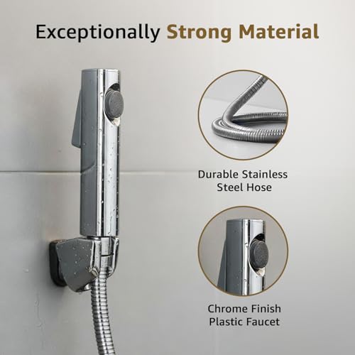 Image of Amazon Basics Health Faucet for Bathroom, Chrome Coated ABS Plastic Body with 1 Meter Stainless Steel Flexible Hose Pipe and Wall Hook, Silver, Jet Spray for Toilet