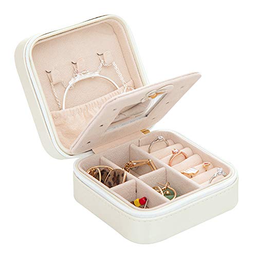 BlueCosto White w/Mirror Small Travel Jewellery Box, Zip Ring Earring Necklace Organiser Case Pouch, Faux Leather Mini Boxes for Women Girls Ladies Mother