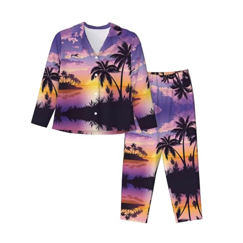 Pyjama 2 pièces imprimé palmier d'été avec manches longues et tissu fluide ultra confortable