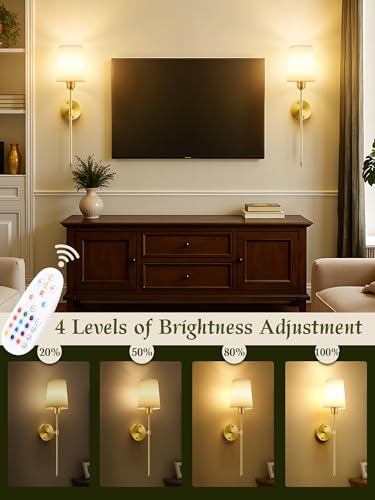 Image of Battery Operated Wall Sconces Set of 2, Bronze, 15 RGB, 23 Inch | Dimmable, Renter Friendly, Rechargeable Magnetic Bulbs, Remote, Cordless Wall Lights for Living Room, Bedroom, Hallway