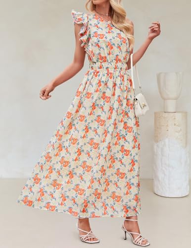 Image of ZESICA Women's 2026 Summer Floral Sleeveless Maxi Dress | One Shoulder, Sleeveless, Ruffle, High Waist, Beach Wedding Guest, Vacation, Graduation, Bridal Shower, Boho Long Dresses