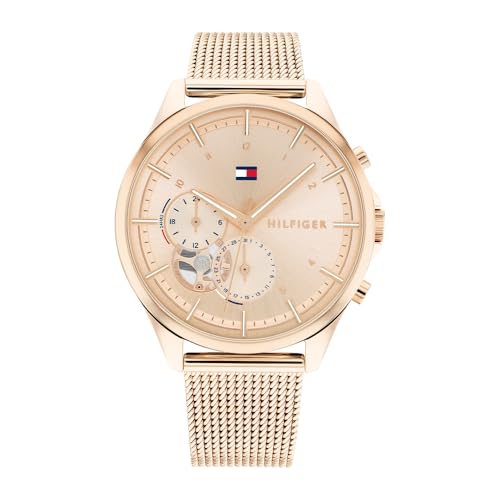 Tommy Hilfiger Montre Analogique Multifunction à Quartz pour Femme avec Bracelet Milanais en Acier Inoxydable Couleur Or Rose Clair - 1782486