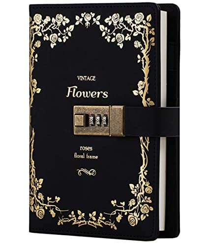 CAGIE Diary with Lock for Women Lockable Secrets Journal , Hot Foil Stamping Embossed Design Cover Black Diary, 224 Pages Thick Refillable Journal with Lock for Adults Kids