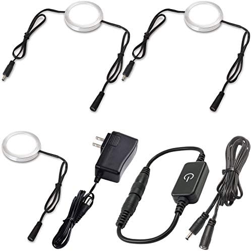 Lvyinyin Under Cabinet Lighting Dimmable LED Puck Lights, Above or Under-Mounted for Kitchen Closet, Safe Night Light, Accent Lighting, 120V Wall Plug, Touch Dimmer, 3 Lights, Daylight 6000K