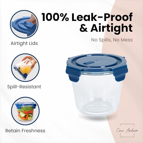 Image of Coco Andrea Reusable Round Glass Meal Prep Containers With Lids, 4 Sets | 25 oz /3 Cup Glass Storage Containers With Lids; airtight and microwave-safe for meal prep, lunch and soup.