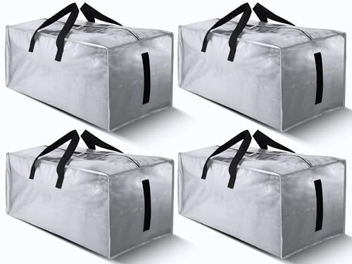 Image of HOMESURE 4 Pack Large Strong Bags with Zippers & Carrying Handles - Water-Resistant - Heavy Duty Storage Tote for Space Saving Storage, Fold Flat, Alternative to Moving Box (Silver)