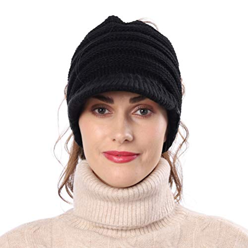 Forbusite Women's Beanietail Warm Knit Hat Messy High Bun Ponytail Visor Beanie Cap B088 A-Black #TOP3