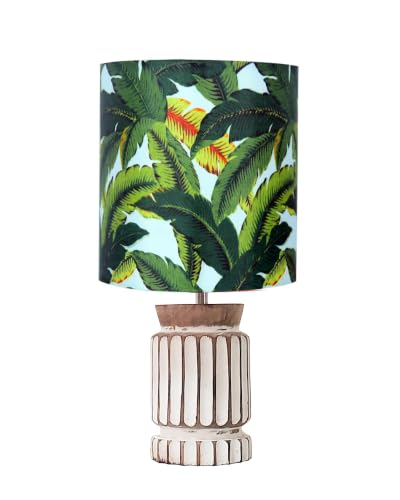 Image of Homesake Retro Farmhouse LED Table Lamp for Living Room Bedroom Rustic Linen Bedside Nightstand Lamps for Kids Room Study Office Wood Night Lamp, Carved Cylinder, (Green Leaf)