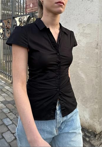 Women Y2k Short Sleeve Button Down Shirts Casual V Neck Button Up Top Vintage Slim Fit Collared Going Out Blouse2