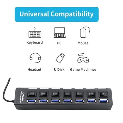 Image of USB Splitter Multi Port USB 2.0 HUB, 7 Port with Independent ON /Off Switch and LED Indicators USB A Port Data HUB, Suitable for PC Computer Keyboard Laptop Mobile HDD, Flash Drive Camera ETC