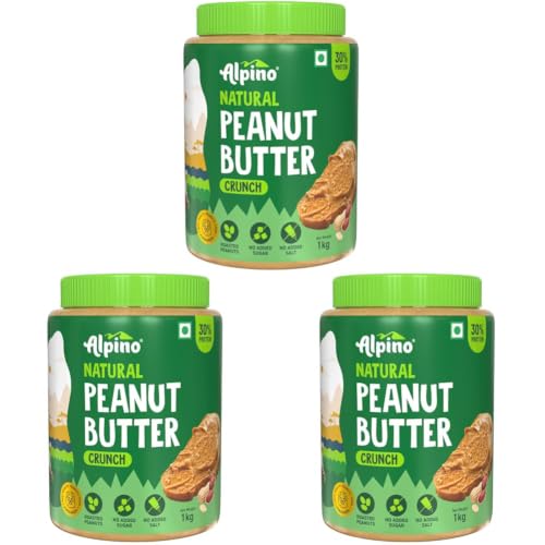 Image of ALPINO Natural Peanut Butter Crunch 1kg - 100% Roasted Peanuts - 30g Protein, No Added Sugar & Salt, non-GMO, Gluten Free, Vegan - Plant Based, Unsweetened Peanut Butter Crunchy (Pack of 3)