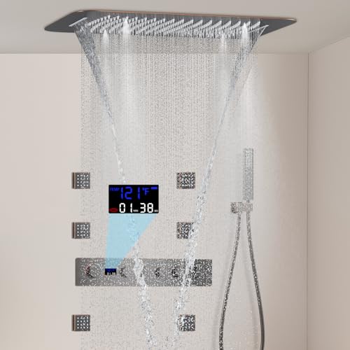 AYIVG Thermostatic Shower System Multi Functions Full Body Shower System with 6pcs Body Jets Spray Temperature Display Ceiling Mounted Waterfall Rain Shower Head System Oil Rubbed Bronze