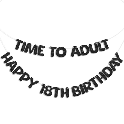 Tinlade 18th Birthday Banner Decoration for Boys Girls Time to Adult Banner Happy 18th Birthday Decorations 18 Years Party Supplies Sign(Black)