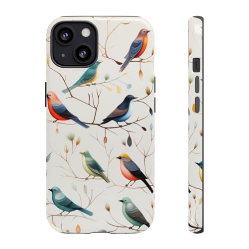 Coque iPhone 13 blanche rigide brillante motif oiseaux branches protection