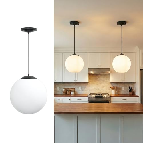 Image of KASTLITE 12 inch Acrylic Globe Pendant Light Fixture, 8W 3000K Filament LED Bulb, Ceiling Mount - Kitchen Pendant Lighting Over Island, Hanging Dining Light, Living Room Lamp - White Shade, Black Base