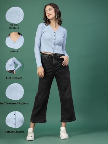 Image of Rigo Casual Wear V Neck Rib Knit Top for Women | Slim Fit Long Sleeves Western Tops for Women