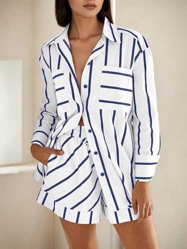 Image of Tankaneo Womens Striped 2 Piece Outfits Button Down Shirts and Shorts Lounge Matching Sets