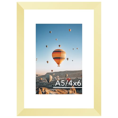 Image of JCJMY 5.8x8.3 A5 Picture Frame Gold with 4x6 Mat for Wall Hanging or Tabletop, Display Photo 4x6 with Mat or 5.8 x 8.3 Without Mat, Wall Poster Photo Frame with Shatter Resistant Plexiglass, Gold