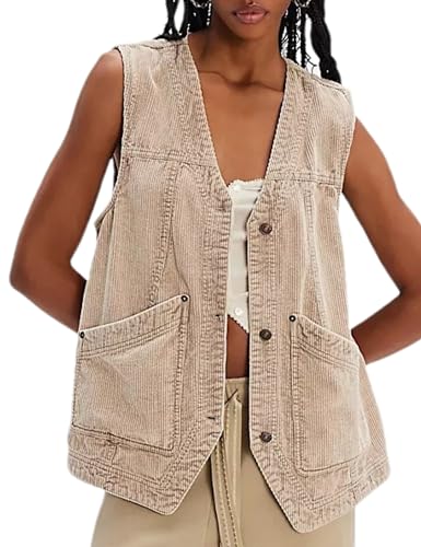 Womens Oversized Corduroy Vest Button Down Casual Outwear Waistcoat Sleeveless Jacket with Pockets