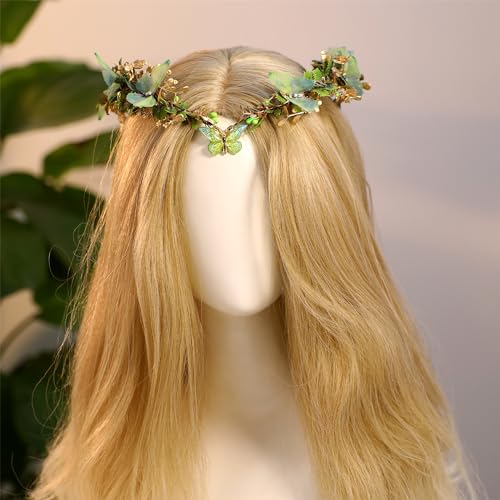Tiara forestal verde dorado hecha a mano con mariposas tridimensionales 4