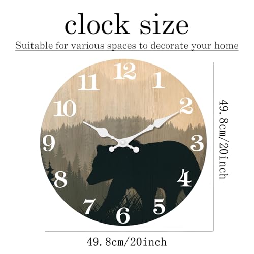 Image of XFM Cabin Bear Wall Clock 20 Inch Large Farmhouse Wildlife | Silent Non-Ticking Battery Operated Vintage Wooden Round Decorative for Lodge Living Room Kitchen Office
