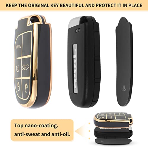 Qfungye For Jeep Accessories Wristlet Key Fob Cover, Anti-Fingerprint Special Tpu Key Case，Compatible With Grand Cherokee Renegade Dodge Ram Durango Challenger Chrysler 200 300 Fiat Smart(Black) #TOP2