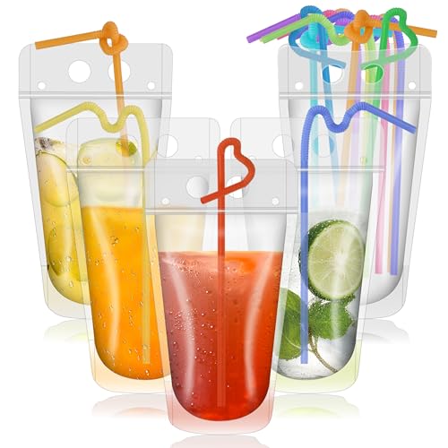 Willbetoper 100Pcs Drink Pouches 16oz Translucent Drink Bags Pouches with 100 Straws for Cold and Hot Drinks for Adults and Kids