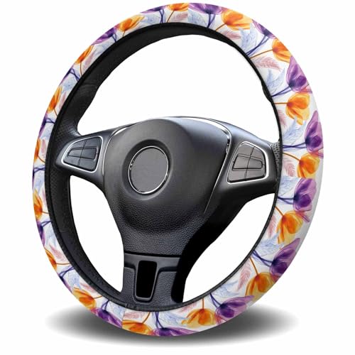 Steering Wheel Covers Tulip Flowers Universal Steering Wheel Covers Colorful Plant Floral Automotive Steering Wheel Grip Wrap Car Interior Accessories Protective Case Cover for Suv, Truck 1pcs