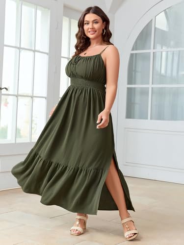 Image of SCOMCHIC Plus Size Summer Boho Dresses Spaghetti Strap Sleeveless Casual Sundress Smocked Flowy Slit Beach Maxi Dress