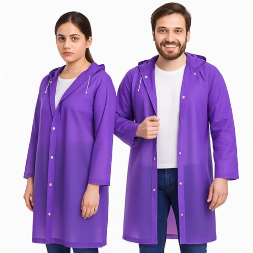 Image of Motopack EVA Waterproof Raincoat for Men & Women with Hood | Unisex Reusable Transparent Universal Rain Wear | Lightweight Full Sleeve Poncho with Button Closure for Travel, Camping & Hiking (Purple)