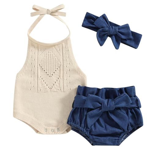 Image of TheFound Toddler Baby Girls Knitted Outfit Tie-up Tank Top Elastic Waist Flower Shorts Summer Clothes 6 12 18 24 Months 2t 3t