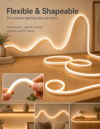 Image of Neon Light Strips, Warm White Dimmable LED Strip Lights, 16.4ft /5m Flexible Waterproof LED Neon Rope Lights DIY LED Strip Lights for Gaming Bedroom Outdoor Decor (Power Adapter Included)