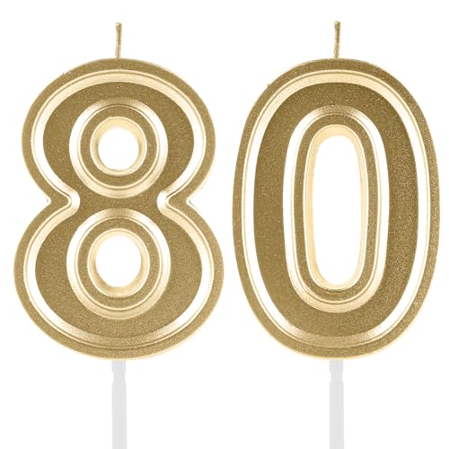 FUNCANDLE 80th Birthday Candles,Gold Number 80 Cake Topper Decoration Men Women Birthday Party Wedding Anniversary Celebration Supplies