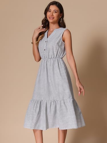 Image of Allegra K Striped Shirt Dresses for Women's Sleeveless Work V Neck Ruffleed Midi Dress