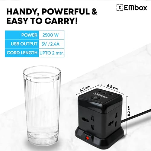 EMBOX Cube Extension Board with USB Port Universal Sockets and USB (2.4 A) (QC 3.0) Extension Board with Switches Overload Protector, Indicator, 2... - Image 6