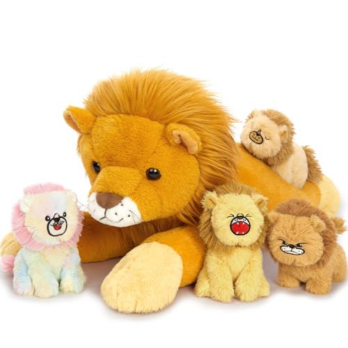 MorisMos Marrón León Peluches Grandes, 60cm Mamá con 4 Kawaii Bebés En el Interior, Realistas Suave Juguete de Peluche Gigante Regalos para Niñas, Niños, Cumpleaños Navidad Deco