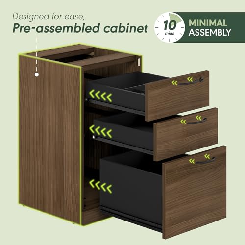 Image of Furinno Roger File Cabinet, 3-Drawer Fixed Pedestal Filing Cabinet with Lock, Soft-Close Drawers with Drawer Organizer, for Home Office, Modern Walnut
