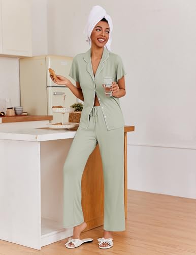 Ekouaer Pajamas for Women Set Button Up Sleepwear Cute Pjs Ruffle Sleeve Notch Collar Loungewear with Long Pants S-XXL4