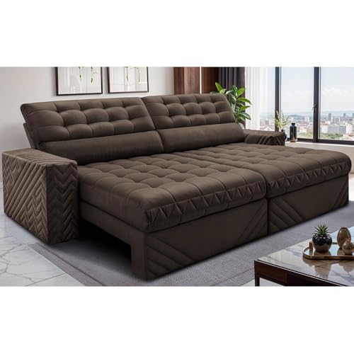 Sofá Retrátil e Reclinável 3,00m Molas Ensacadas Max Spring Velusoft Café Cama Inbox